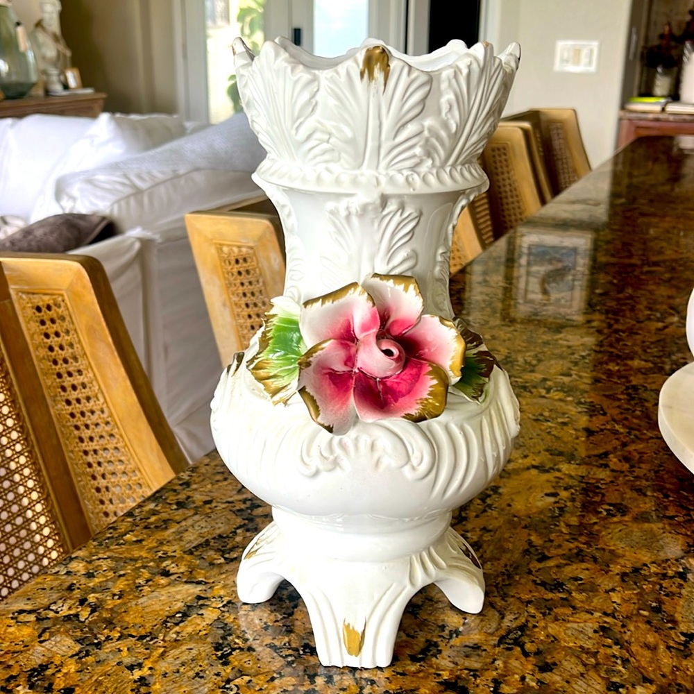 Vintage Capodimonte Pink Gold Trim Flowers on Iridescent White Gold Vase Italy